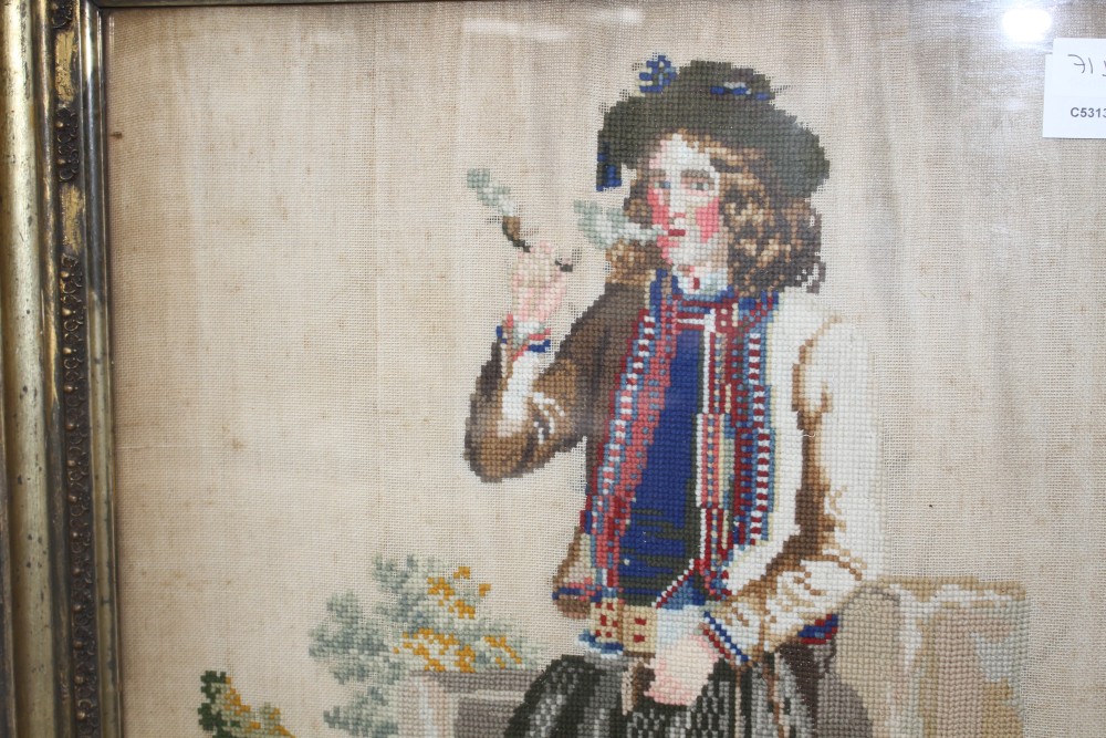 A 19th century Berlin needlework panel, depicting a gentleman smoking a pipe, 53 x 47cm, overall with frame 65 x 58cm